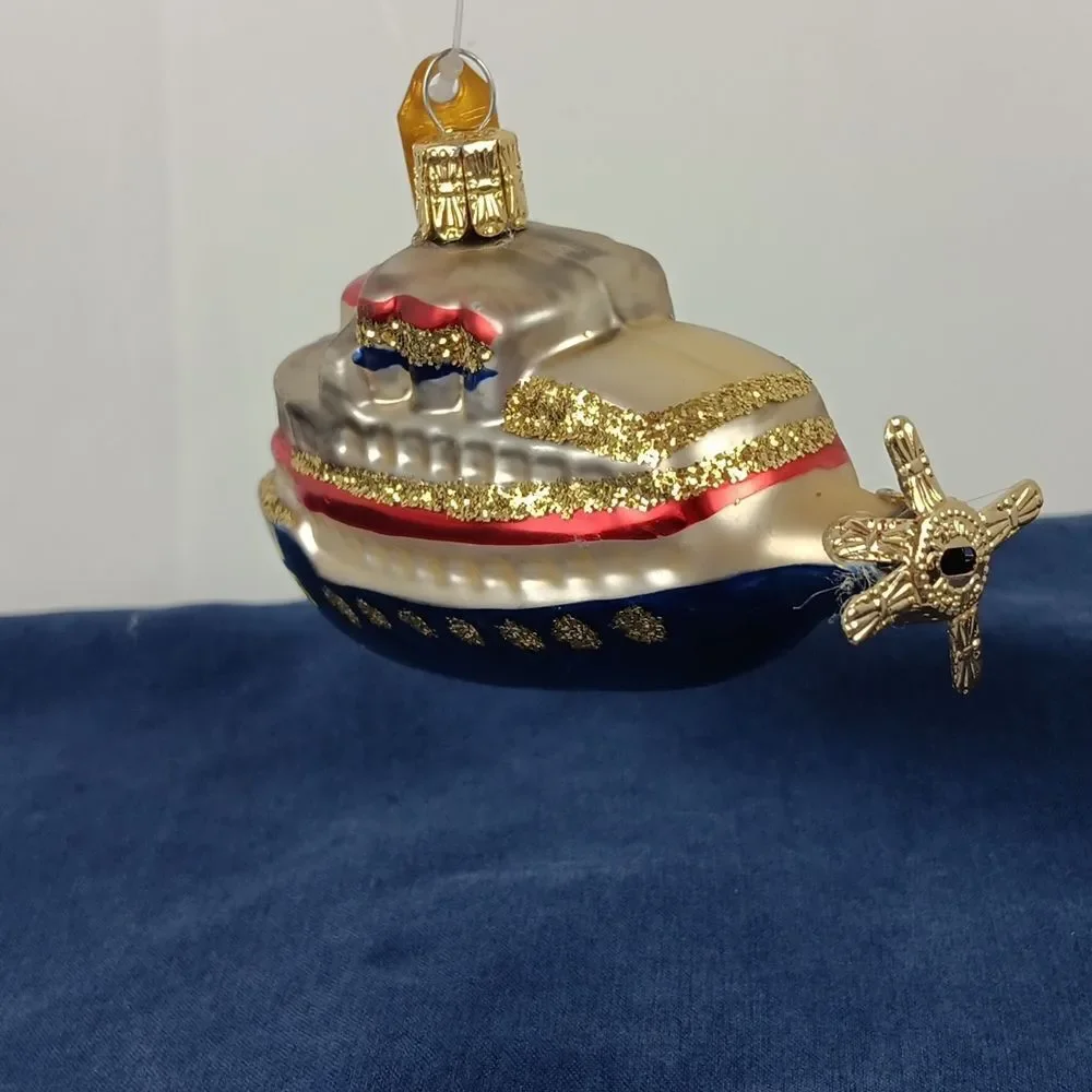 Discovery Channel Blown Glass Ornament Ship Yacht Glitter Christmas Tree Holiday